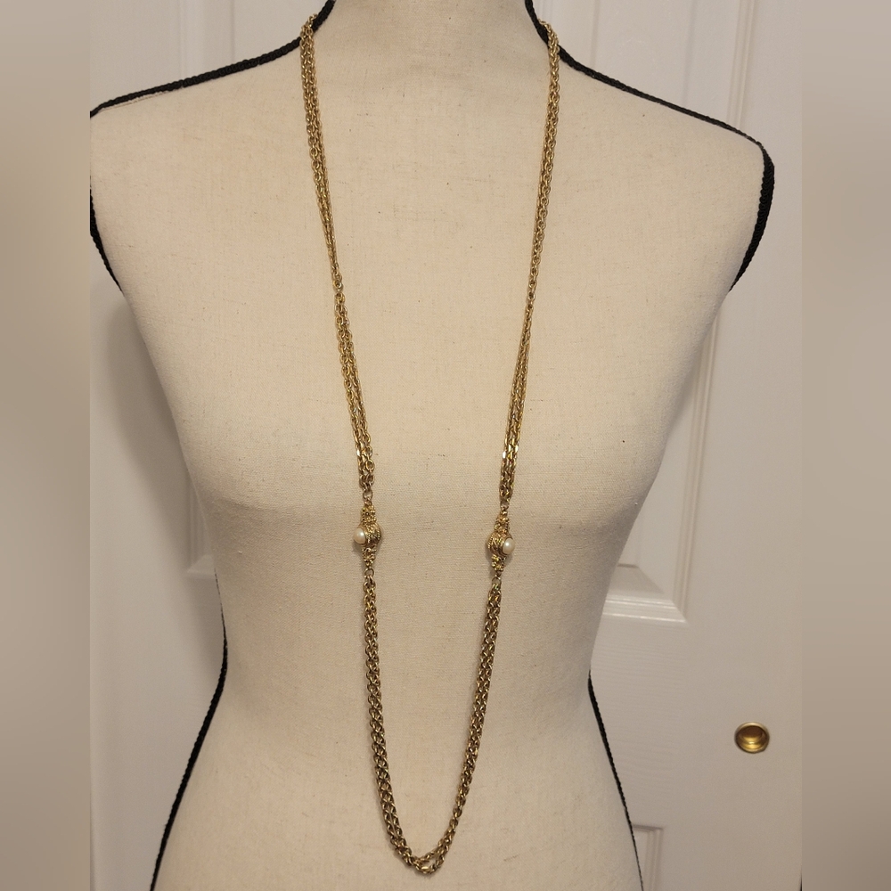 Vintage Givenchy Gold Tone Faux Pearl Station Sautoir Long Necklace